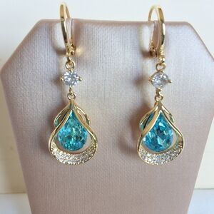 Elegant Gold Plated Blue Teardrop Earrings 1-1/2"